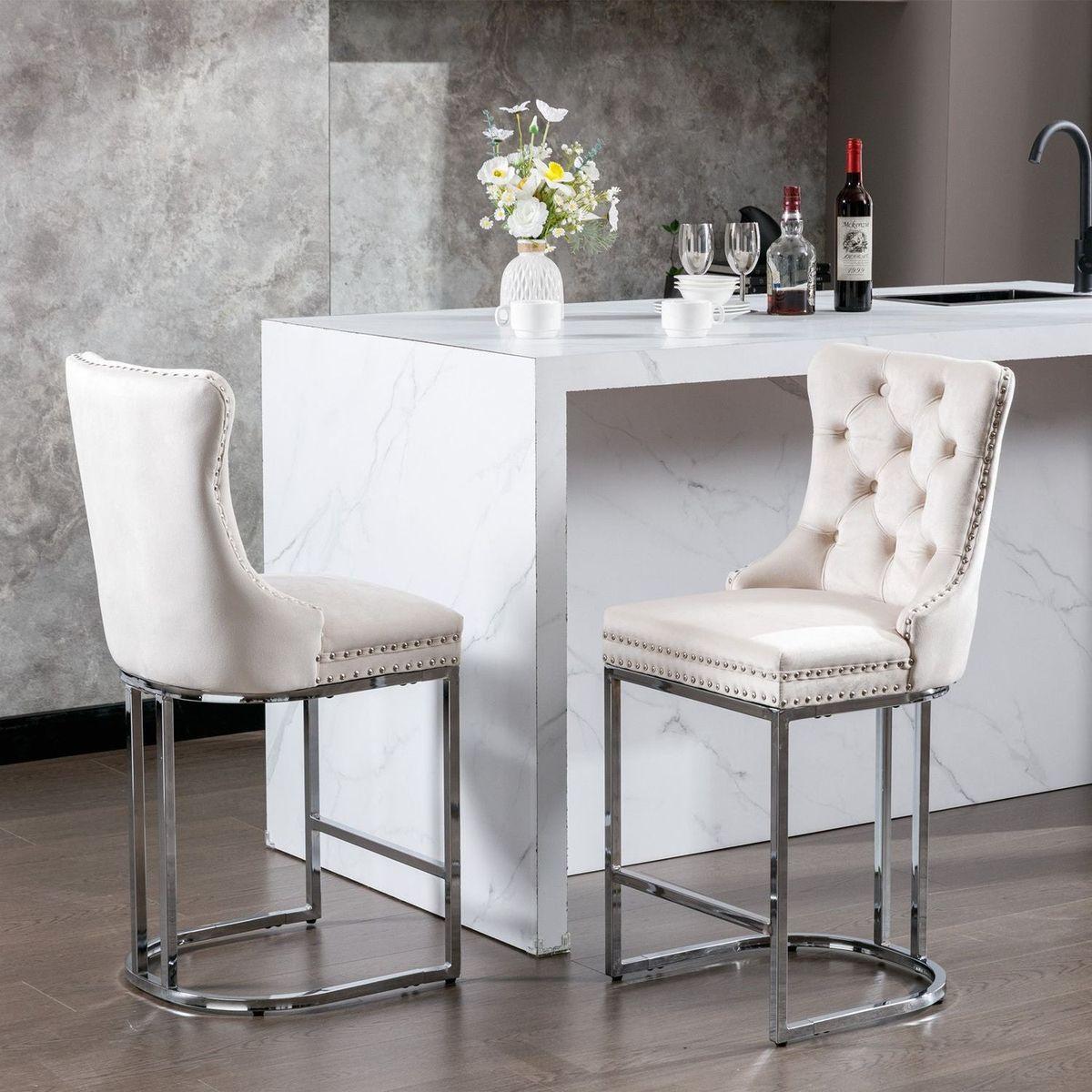 26" Counter Height Bar Stools Set of 2, Modern Velvet Barstools with Button Back&Rivet Trim Upholstered Kitchen Island Chairs with Sturdy Chromed Metal Base Legs Farmhouse Bar Stools, (Beige, 2 Pack)