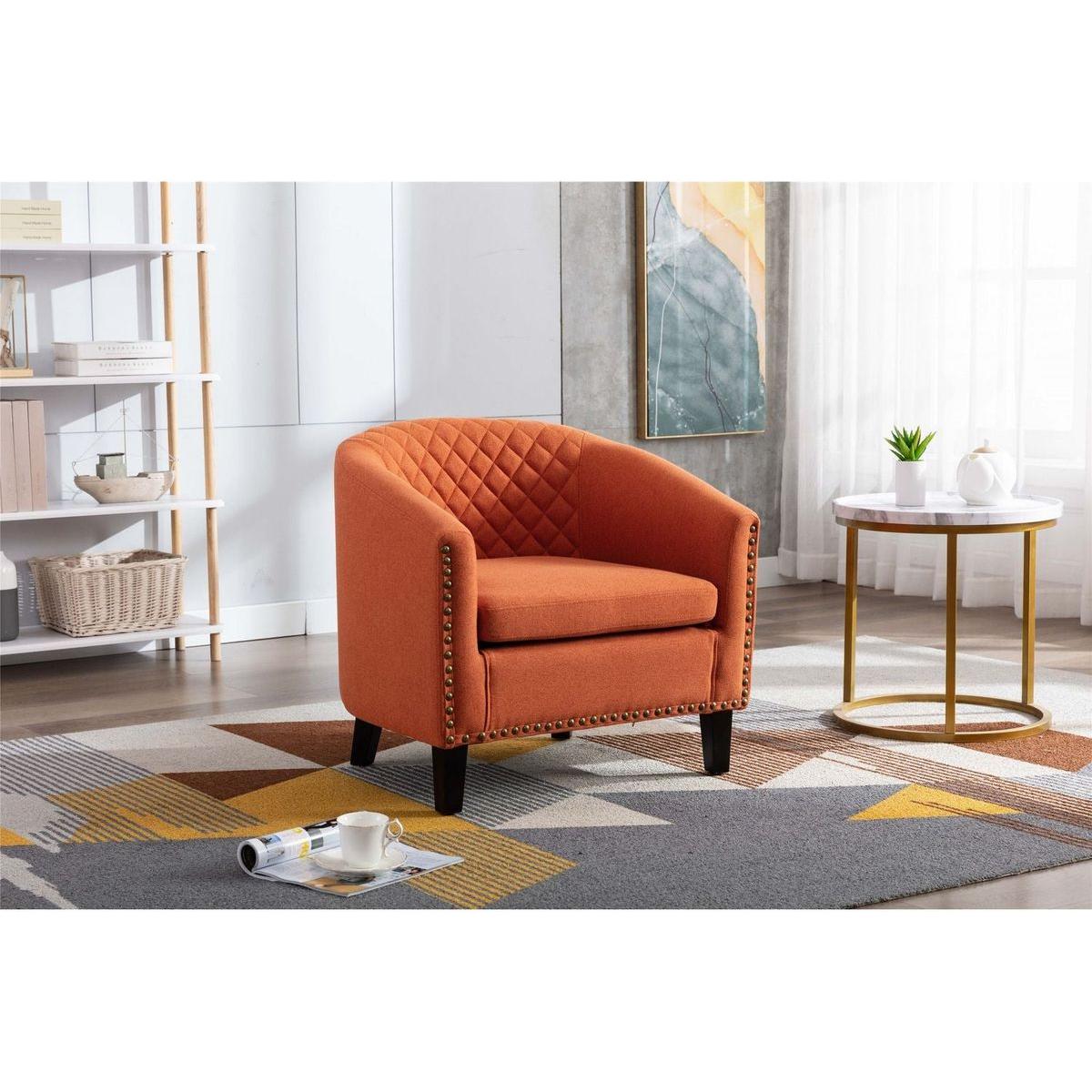 accent Barrel chair living room chair with nailheads and solid wood legs Orange linen