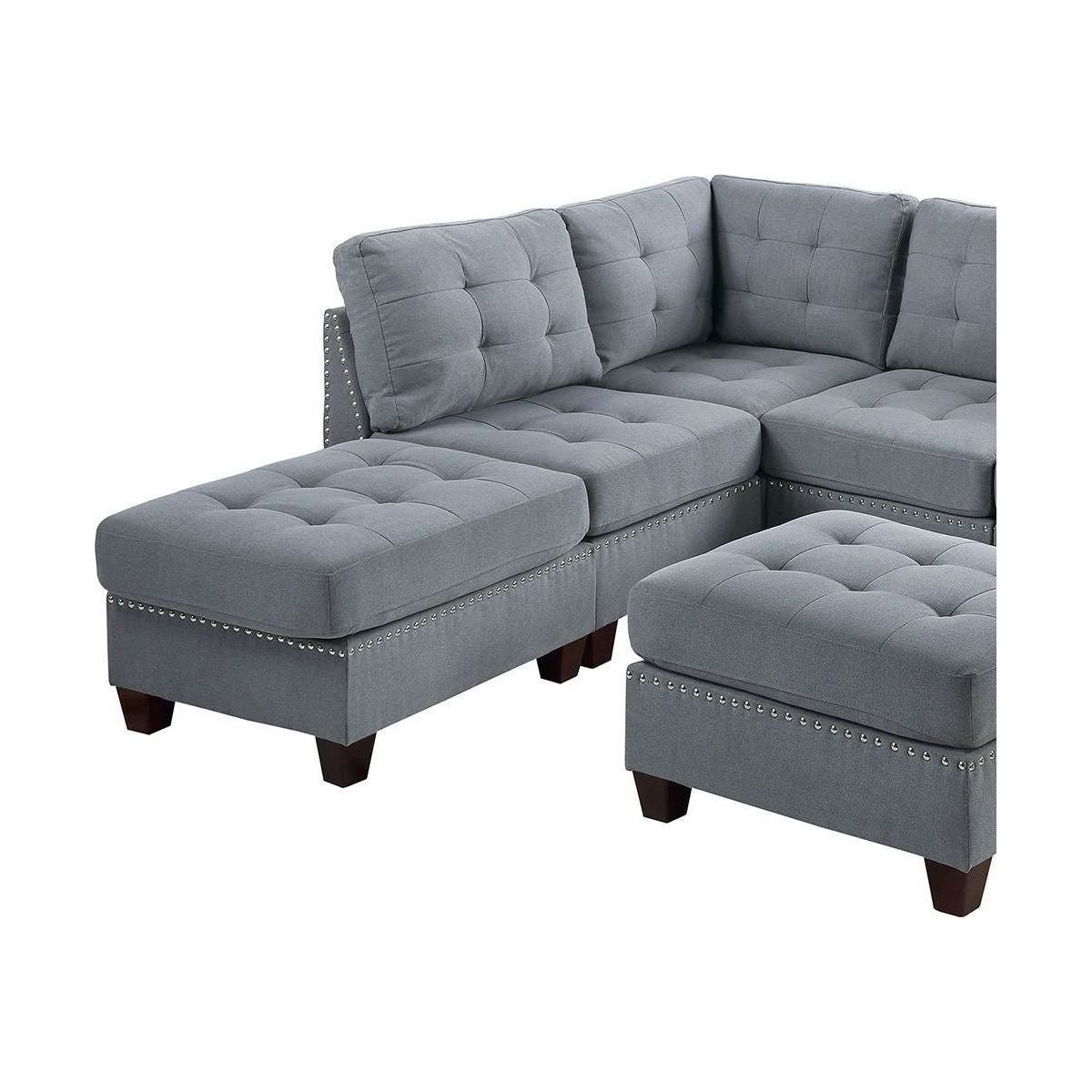 Contemporary Modular Sectional 7pc Set Living Room Furniture Corner L-Sectional Gray Linen Like Fabric Tufted Nail heads 2x Corner Wedge 3x Armless Chair and 2x Ottoman