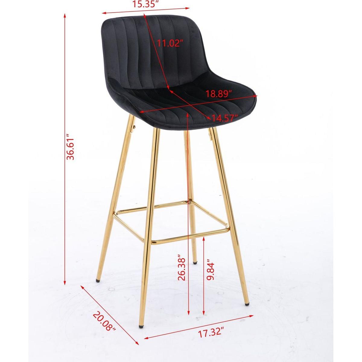 26 Inch Set of 2 Bar Stools, with Chrome Footrest Velvet Fabric Counter Stool Golden Leg Simple Bar Stool, BLACK