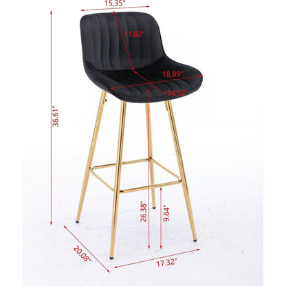 26 Inch Set of 2 Bar Stools, with Chrome Footrest Velvet Fabric Counter Stool Golden Leg Simple Bar Stool, BLACK