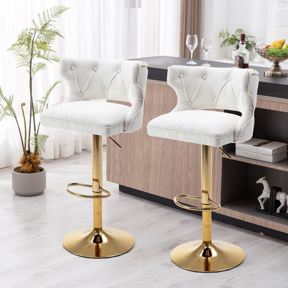 Bar Stools With Back and Footrest Counter Height Dining Chairs-Boucle Cream-2PCS/SET