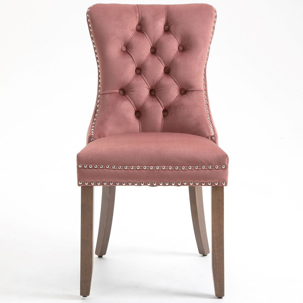 Upholstered Button Tufted Back Pink Velvet Dining Chair with Nailhead Trim and Solid Wood Legs 2 Sets