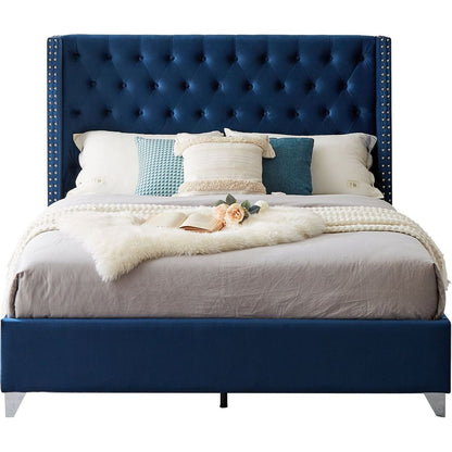 Queen bed, Button designed Headboard, strong wooden slats + metal legs with Electroplate