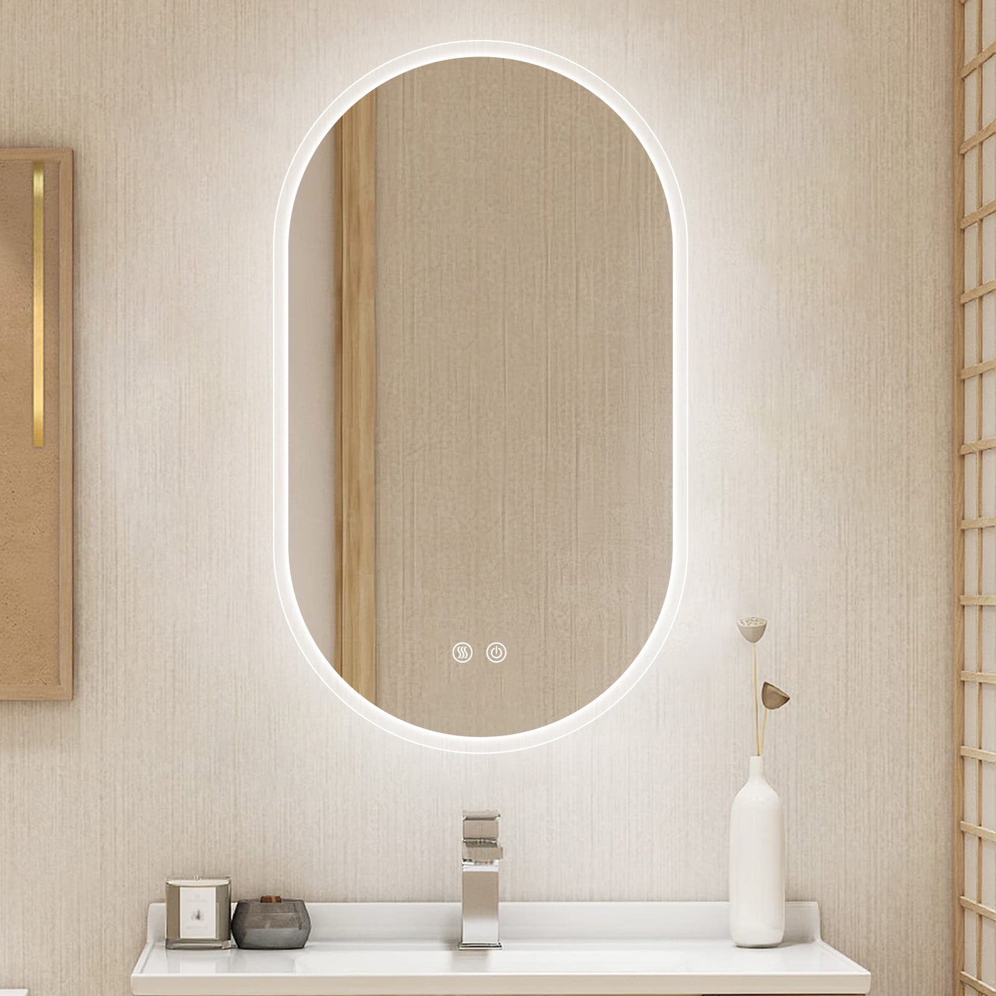 40X24 Inch Bathroom Mirror with Lights, Anti Fog Dimmable LED Mirror for Wall Touch Control, Frameless Oval Smart Vanity Mirror Vertical Hanging