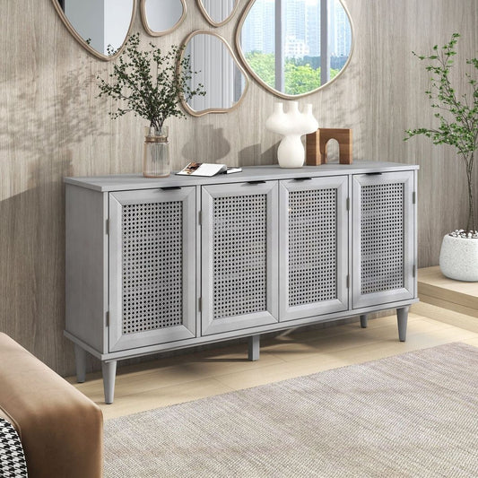 Large Storage Space Sideboard with Artificial Rattan Door and Unobtrusive Doorknob for Living Room and Entryway (Gray)