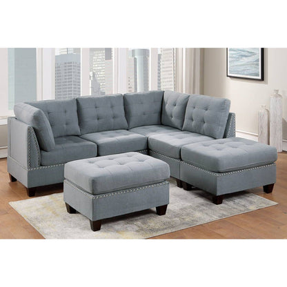 Modular Sectional 6pc Set Living Room Furniture L-Sectional Gray Linen Like Fabric Tufted Nail heads 2x Corner Wedge 2x Armless Chairs and 2x Ottomans