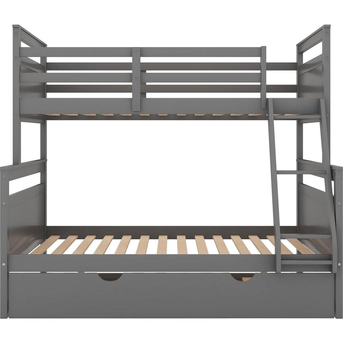 Twin over Full Bunk Bed with Ladder, Twin Size Trundle, Safety Guardrail, Gray