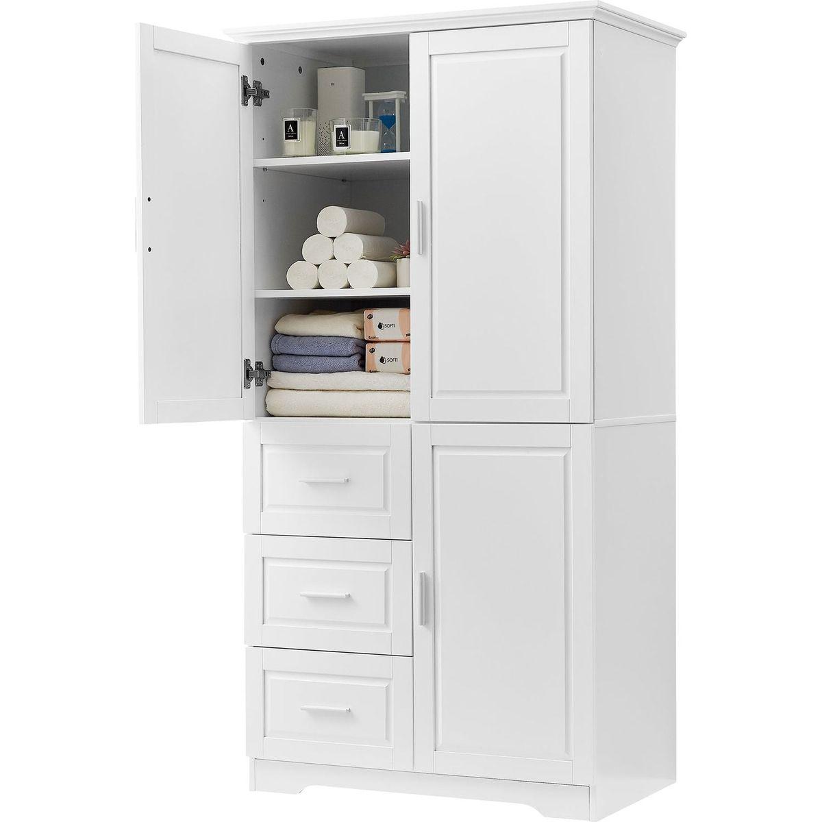 Tall and Wide Storage Cabinet with Doors for Bathroom/Office, Three Drawers, White