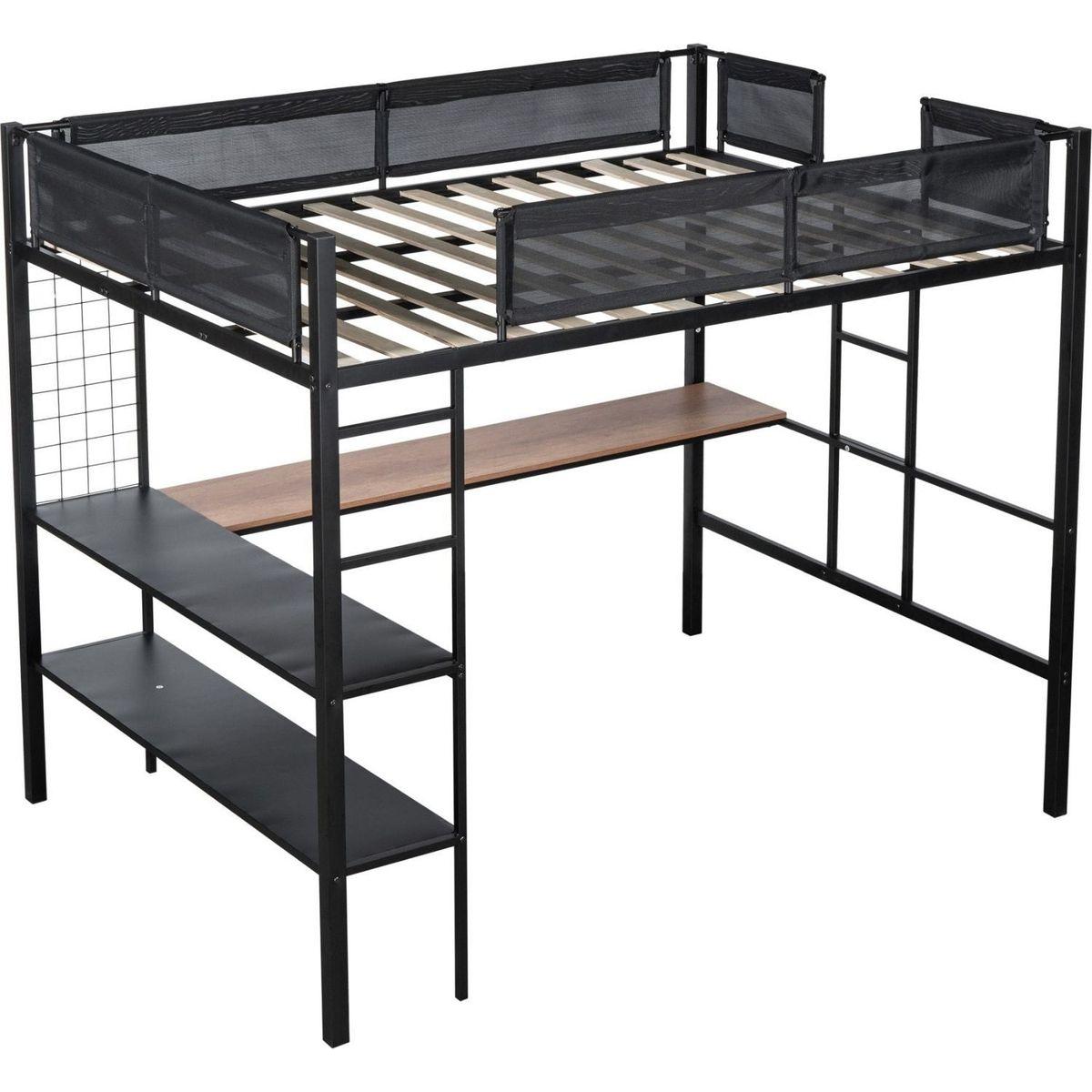 Metal Full Size Loft Bed with Desk & Shelves/ Sturdy Metal Bed Frame/ Noise-free Wood Slats/ Comfortable Textilene Guardrail/ Built-in Desk, 2-tier Shelves & Grid Panel/ 2 Side Ladders