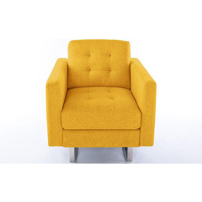 Victoria Yellow Linen Fabric Armchair with Metal Legs, Side Pockets, and Pillow