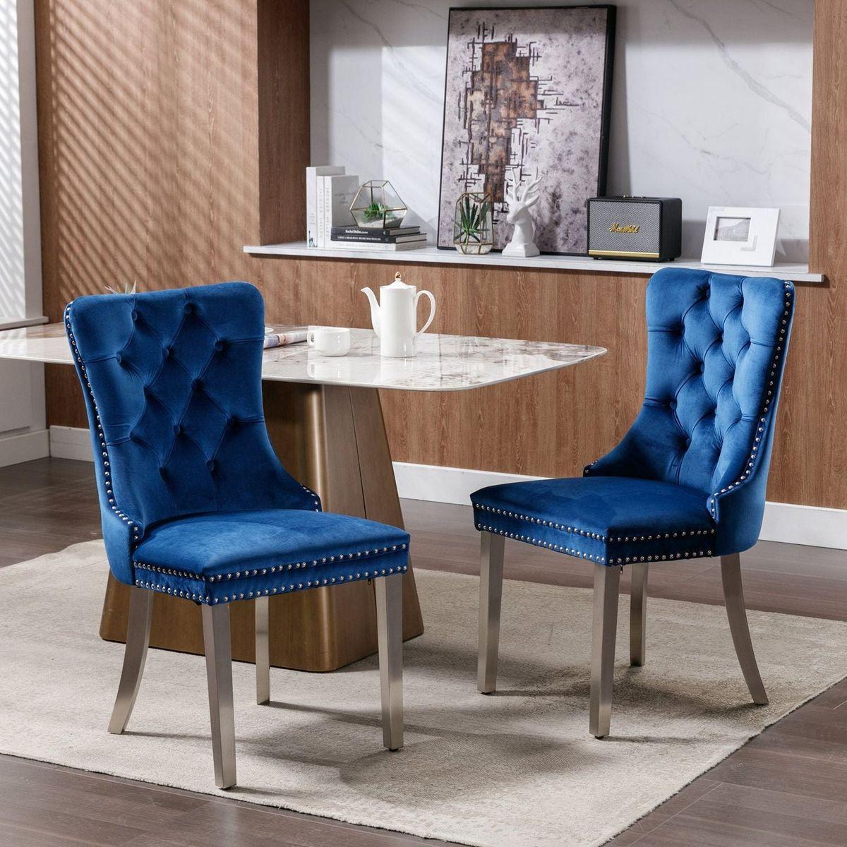 Nikki Collection Modern, High-end Tufted Solid Wood Contemporary Velvet Upholstered Dining Chair with Chrome Stainless Steel Plating Legs, Nailhead Trim, Set of 2, Blue and Chrome