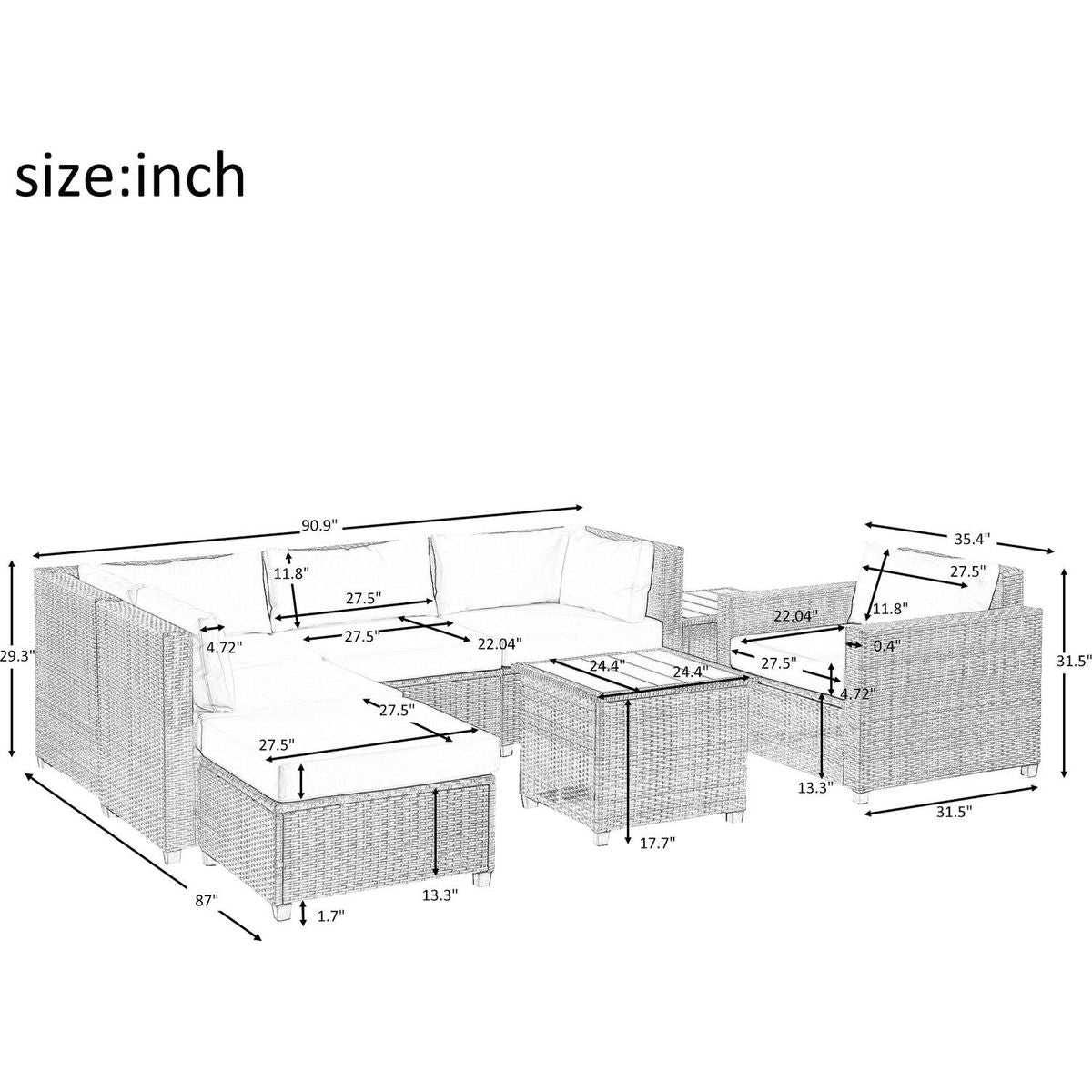 8 Piece Rattan Sectional Seating Group with Cushions, Patio Furniture Sets, Outdoor Wicker Sectional