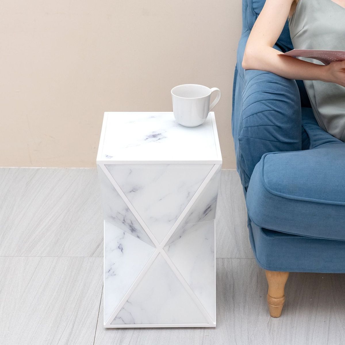 Geometry End Table, Glass Nightstand, Marble Table, White Table for Bedroom Living Room