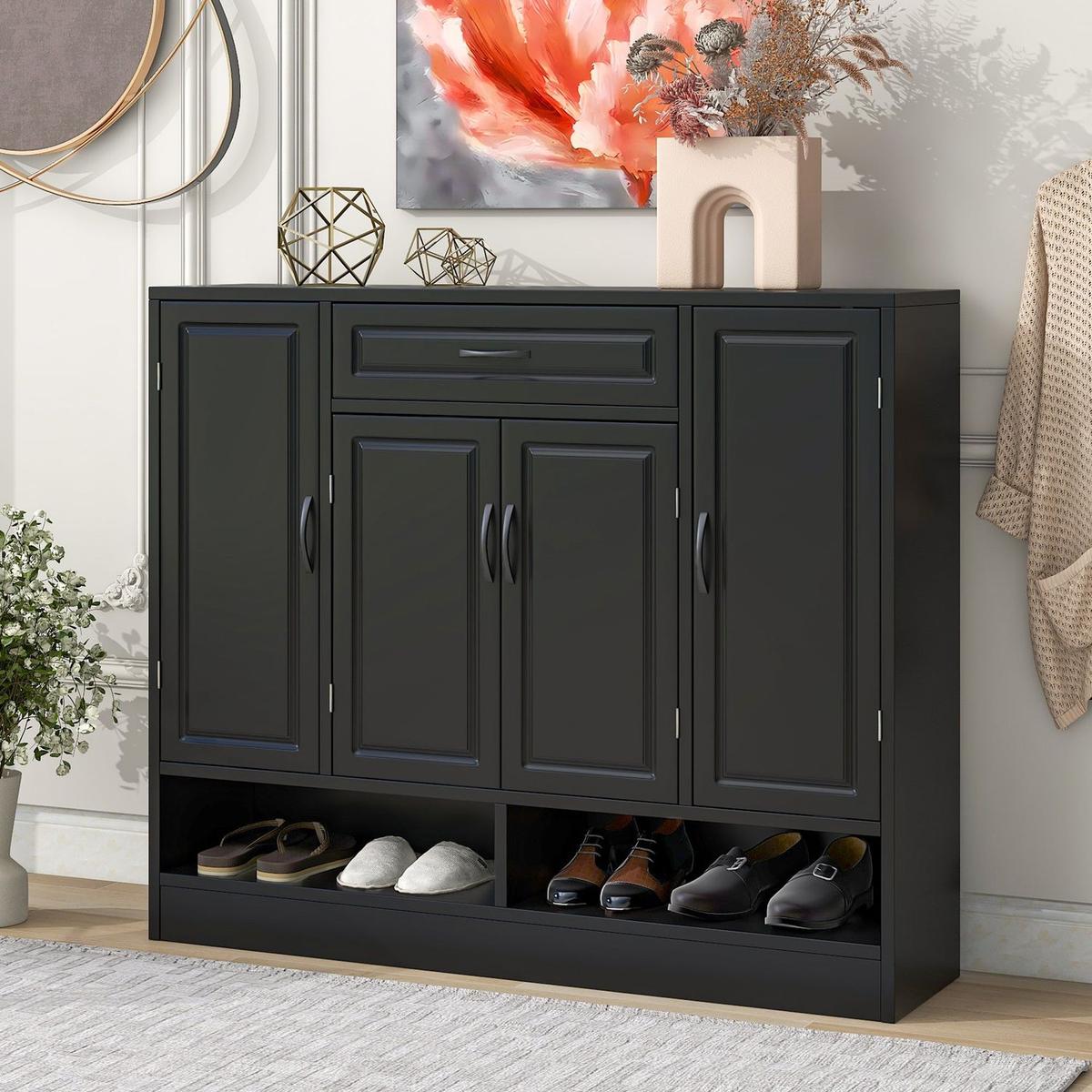 Sleek and Modern Shoe Cabinet with Adjustable Shelves, Minimalist Shoe Storage Organizer with Sturdy Top Surface, Space-saving Design Side Board for Various Sizes of Items, Black