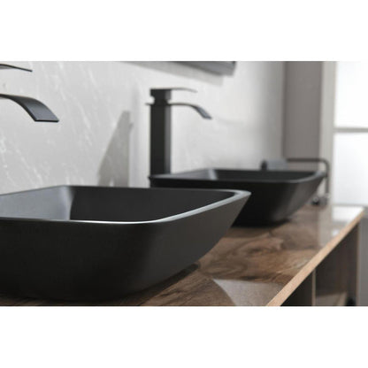 13.0" L -18.13" W -4" H Matte Shell Glass Rectangular Vessel Bathroom Sink in Black with Matte Black Faucet and Pop-Up Drain in Matte Black