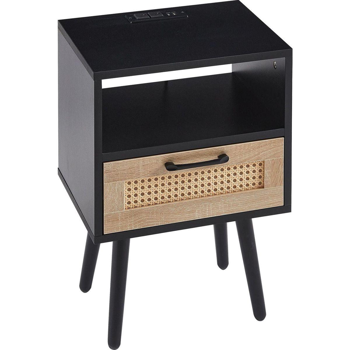 15.75" Rattan End table with Power Outlet & USB Ports, Modern nightstand with drawer and solid wood legs, side table for living roon, bedroom, black