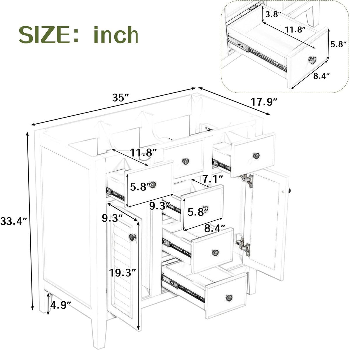 36" Bathroom Vanity without Sink, Cabinet Base Only, Two Cabinets and Five Drawers, Solid Wood Frame, White