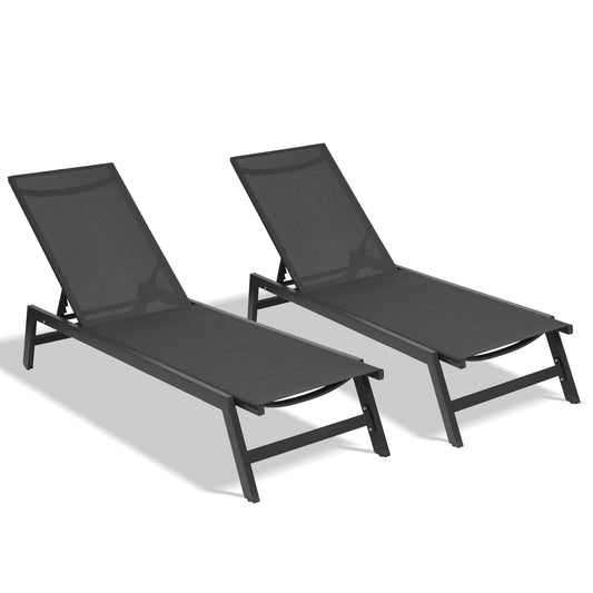 Outdoor 2-Pcs Set Chaise Lounge Chairs, Five-Position Adjustable Aluminum Recliner, All Weather for Patio, Beach, Yard, Pool (Grey Frame/ Black fabric)