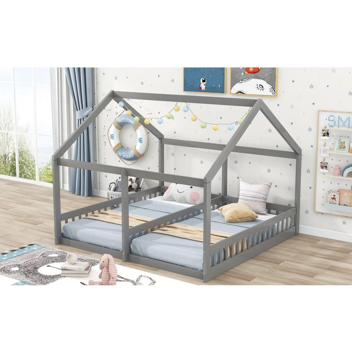 Twin Size House Platform Beds, Two Shared Beds, Gray - Streamdale Furniture