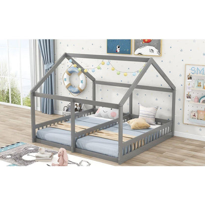 Twin Size House Platform Beds, Two Shared Beds, Gray - Streamdale Furniture