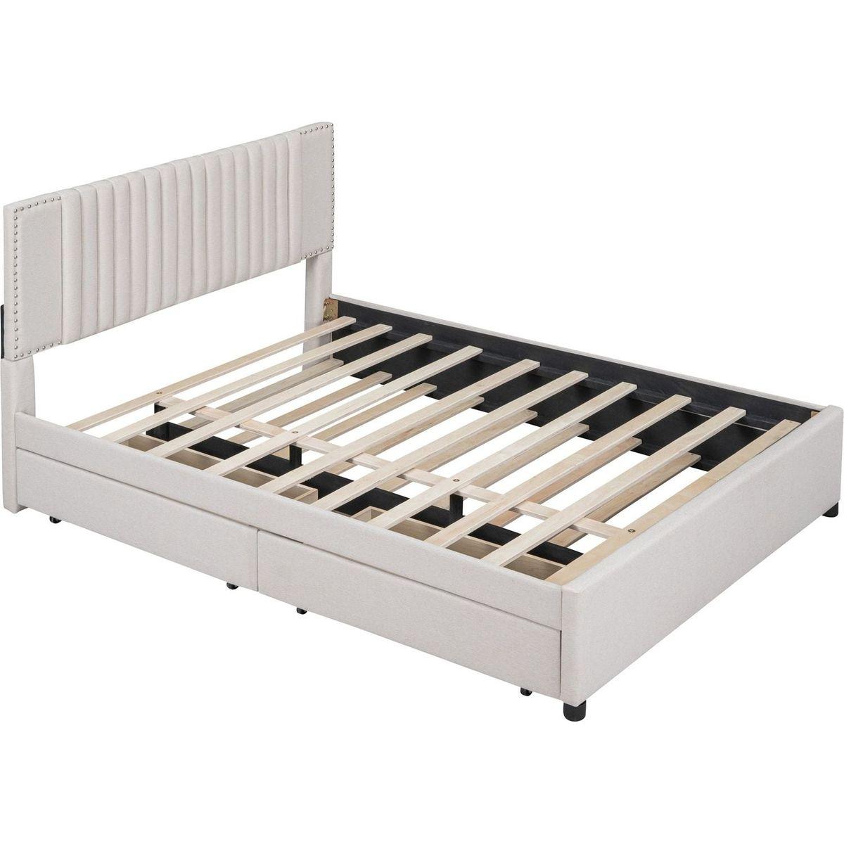 Queen Size Upholstered Platform Bed with 2 Drawers and 1 Twin XL Trundle, Classic Headboard Design, Beige