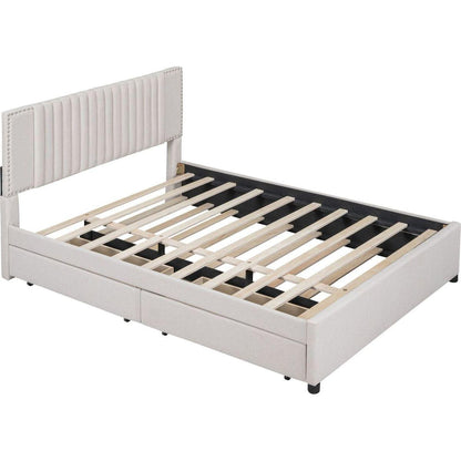 Queen Size Upholstered Platform Bed with 2 Drawers and 1 Twin XL Trundle, Classic Headboard Design, Beige
