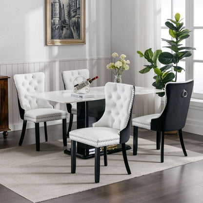 Nikki Collection Modern, High-end Tufted Solid Wood Contemporary PU and Velvet Upholstered Dining Chair with Wood Legs Nailhead Trim 2-Pcs Set White+Black