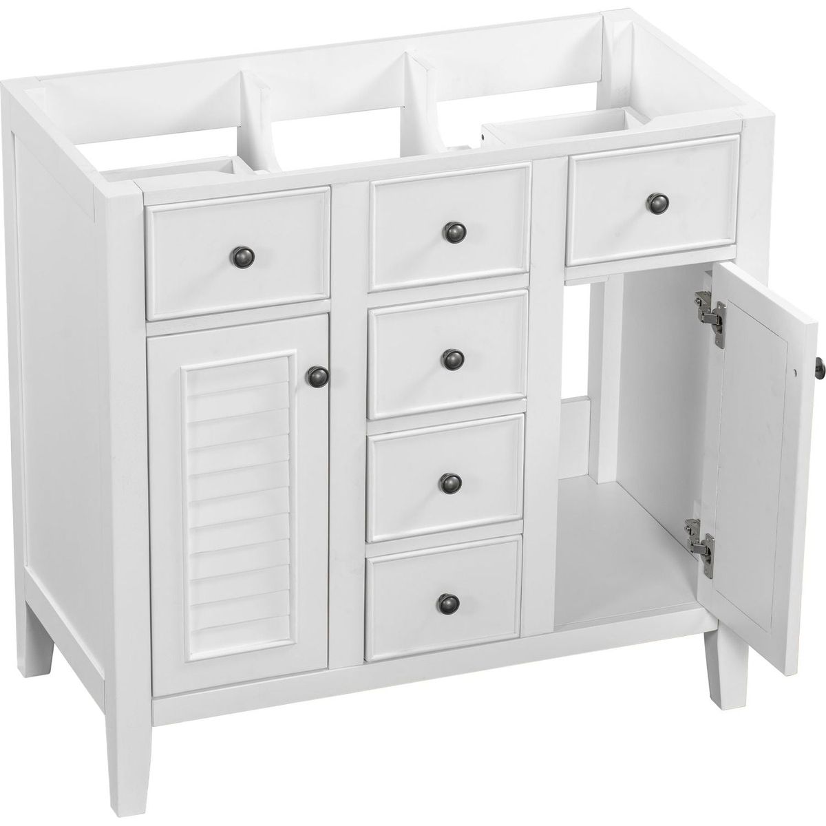 36" Bathroom Vanity without Sink, Cabinet Base Only, Two Cabinets and Five Drawers, Solid Wood Frame, White