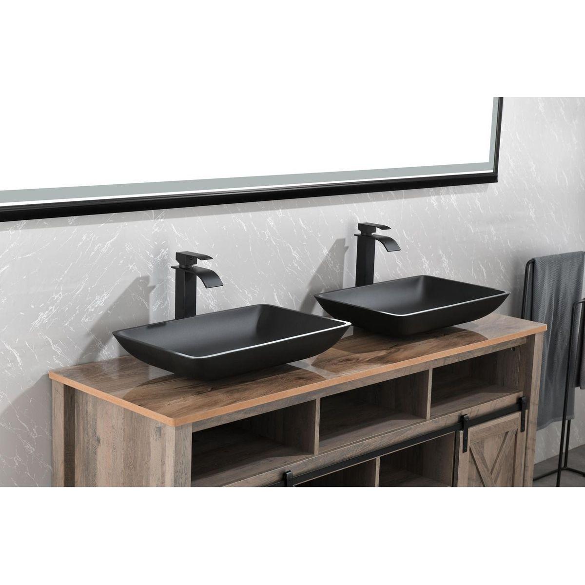 14.38" L -22.25" W -4-3/8 in. H Matte Shell Glass Rectangular Vessel Bathroom Sink in Black with Faucet and Pop-Up Drain in Matte Black