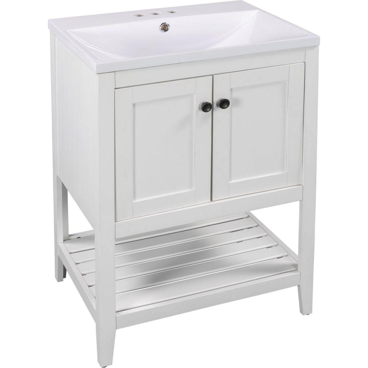 24" White Modern Sleek Bathroom Vanity Elegant Ceramic Sink with Solid Wood Frame Open Style Shelf