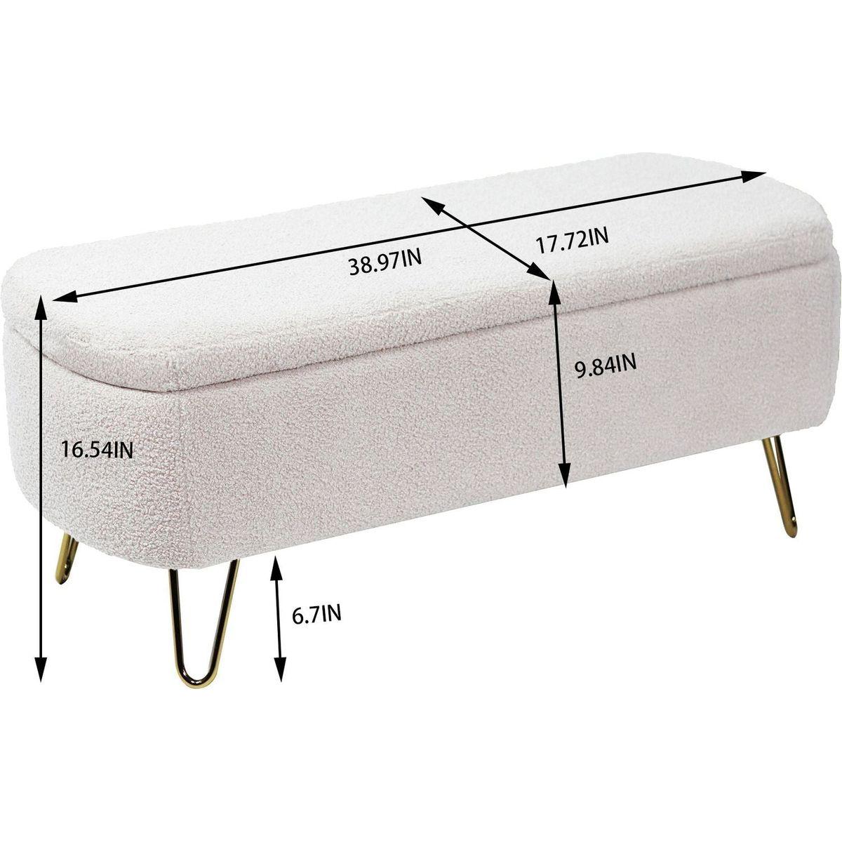 Ivory White Storage Ottoman Bench for End of Bed Gold Legs, Modern Ivory White Faux Fur Entryway Bench Upholstered Padded with Storage for Living Room Bedroom