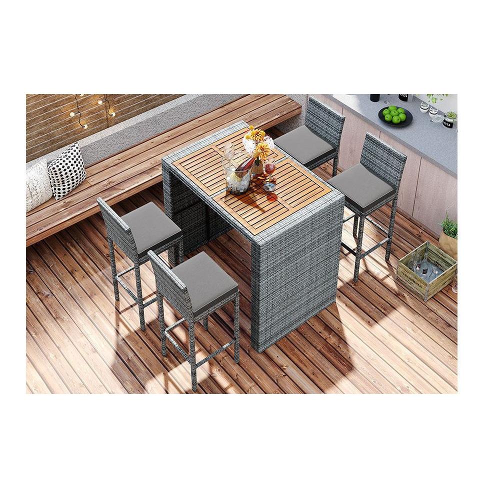 GO 5-pieces Outdoor Patio Wicker Bar Set, Bar Height Chairs With Non-Slip Feet And Fixed Rope, Removable Cushion, Acacia Wood Table Top, Brown Wood And Gray Wicker