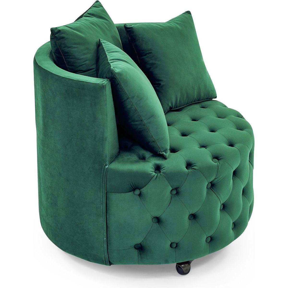 Velvet Upholstered Swivel Chair for Living Room, with Button Tufted Design and Movable Wheels, Including 3 Pillows, Green