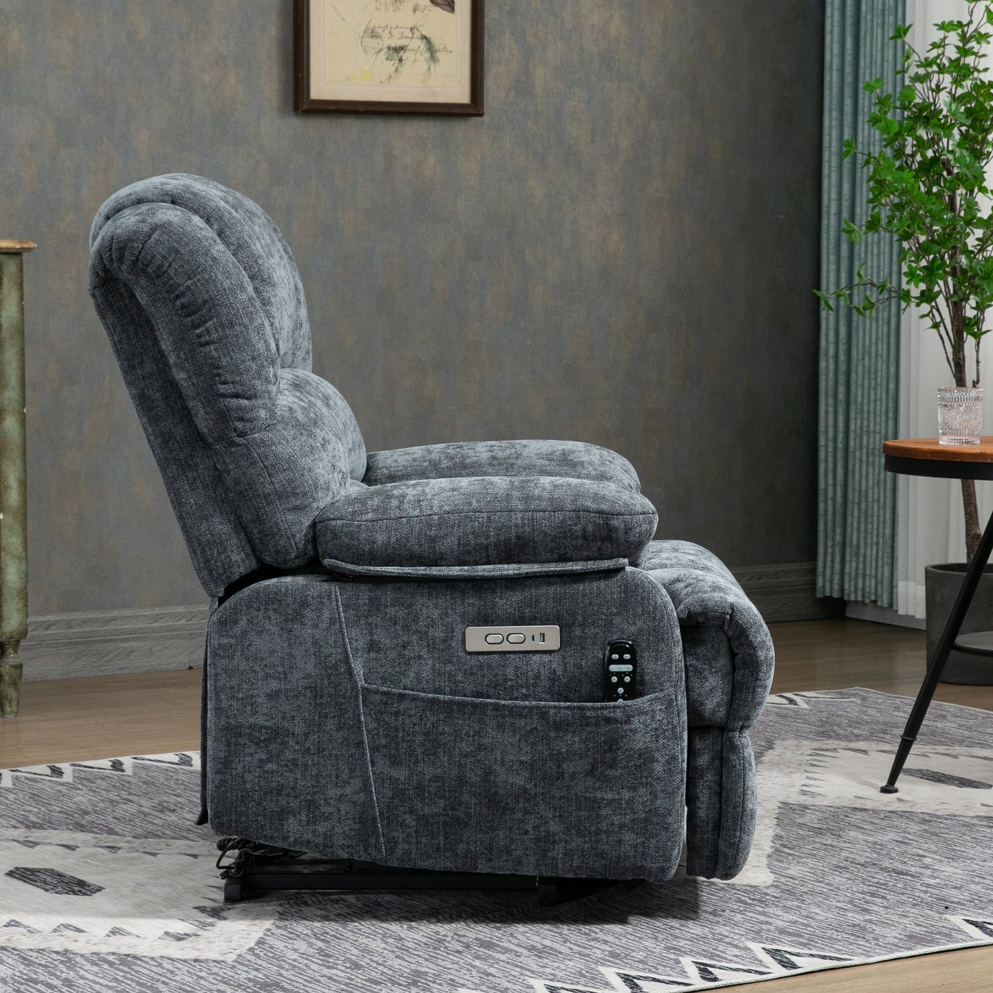 23" Seat Width and High Back Medium Size Blue Chenille Power Lift Recliner Chair with 8-Point Vibration Massage and Lumbar Heating