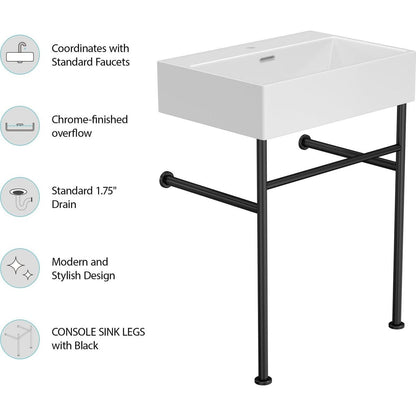 24" Bathroom Console Sink with Overflow, Ceramic Console Sink White Basin Black Legs