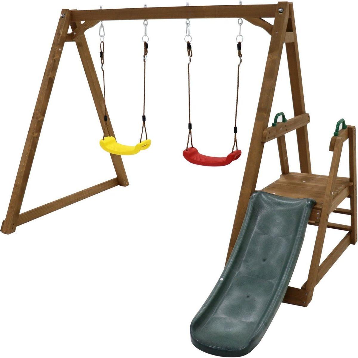 Wood Swing Set for Backyard, 2 in 1 Outdoor Swing Set with Slide, Climbing Rope Ladder Kids Backyard Playset