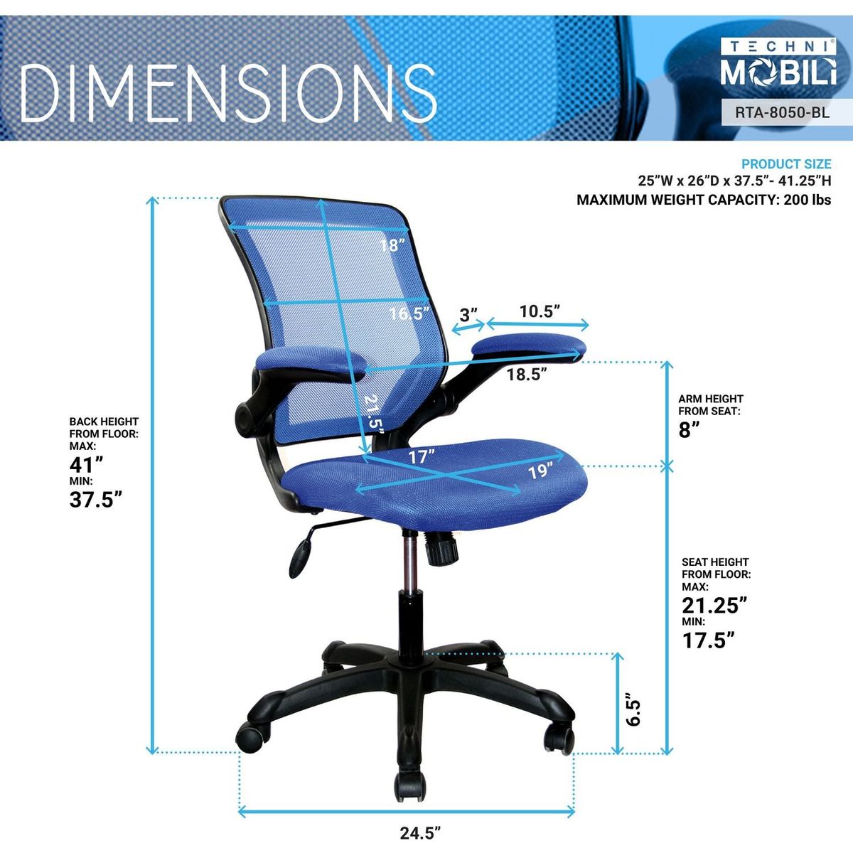 Mesh Task Office Chair with Flip Up Arms, Blue