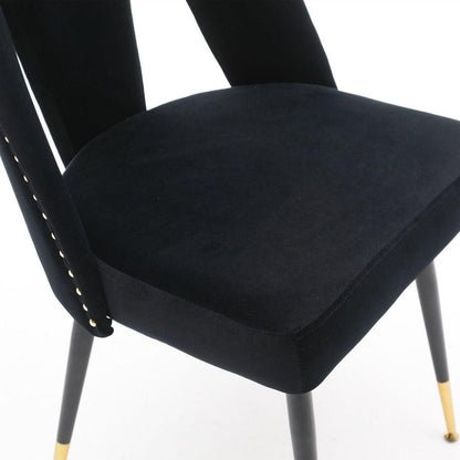 Akoya Collection Modern Contemporary Velvet Upholstered Dining Chair with Nailheads and Gold Tipped Black Metal Legs, Black, Set of 2