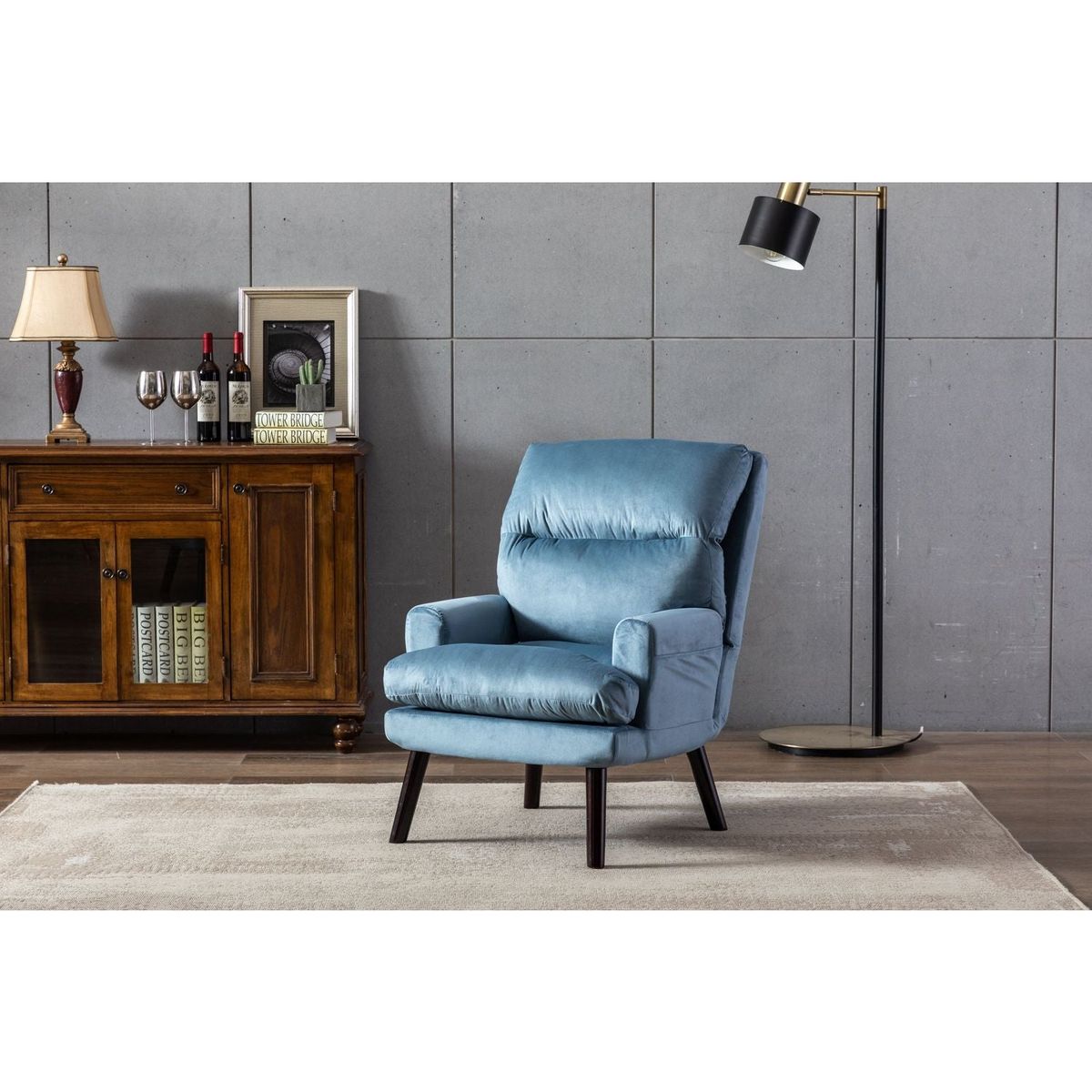 Soft Comfortable 1pc Accent Click Clack Chair with Ottoman Light Blue Fabric Upholstered Black Finish Legs Living Room Furniture