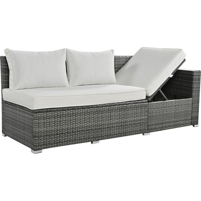 Outdoor 6-Piece All Weather PE Rattan Sofa Set, Garden Patio Wicker Sectional Furniture Set with Adjustable Seat, Storage Box, Removable Covers and Tempered Glass Top Table, Beige