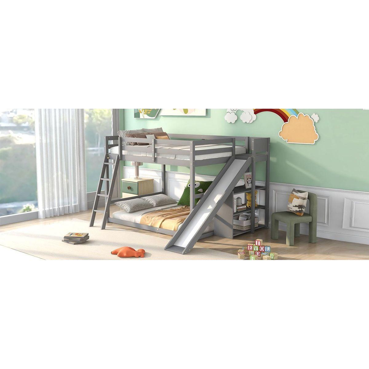 Full over Full Bunk Bed with Ladder, Slide and Shelves, Gray