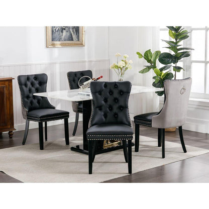 Nikki Collection Modern, High-end Tufted Solid Wood Contemporary PU and Velvet Upholstered Dining Chair with Wood Legs Nailhead Trim 2-Pcs Set Black+Gray