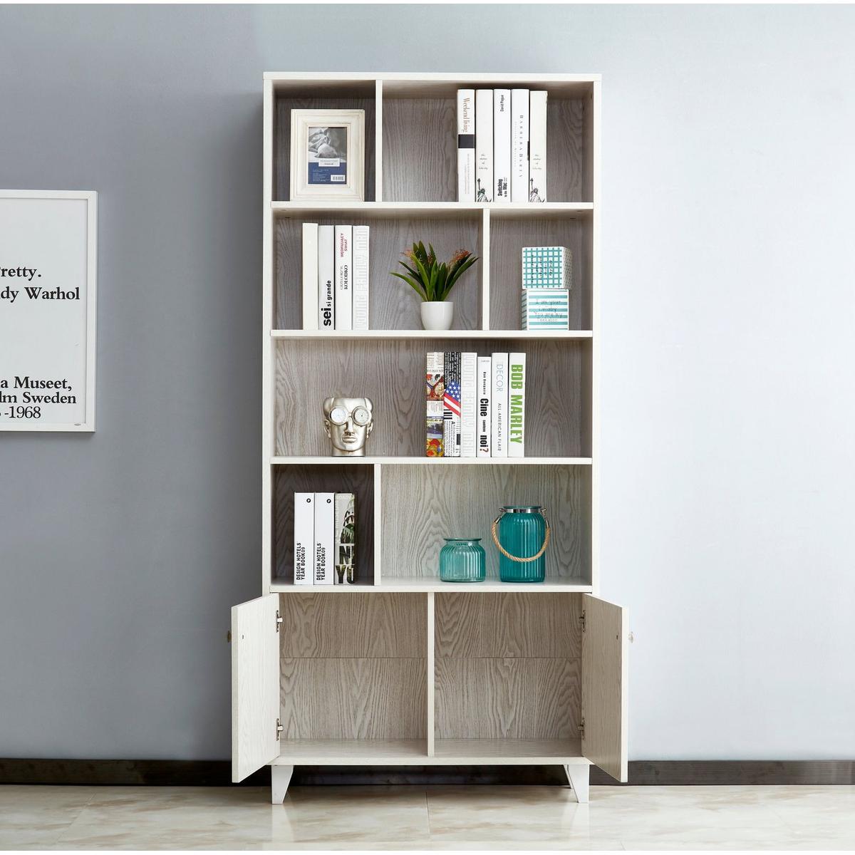 68" Bookcase with 2 Doors, Bookshelf, White