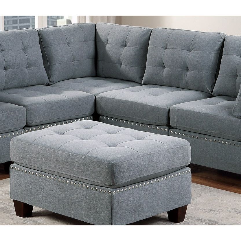 Modular Sectional 6pc Set Living Room Furniture Corner Sectional Tufted Nail heads Couch Gray Linen Like Fabric 3x Corner Wedge 2x Armless Chairs and 1x Ottoman