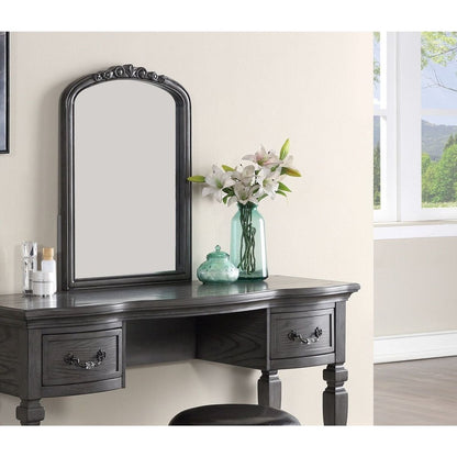 Bedroom Classic Vanity Set Wooden Carved Mirror Stool Drawers Antique Grey Finish