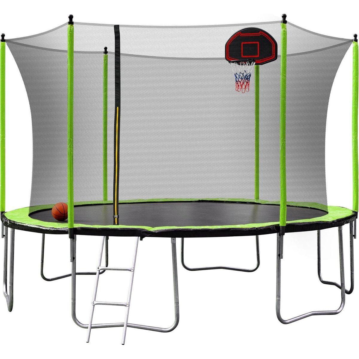 14FT Trampoline with Basketball Hoop Inflator and Ladder (Inner Safety Enclosure) Green - Streamdale Furniture