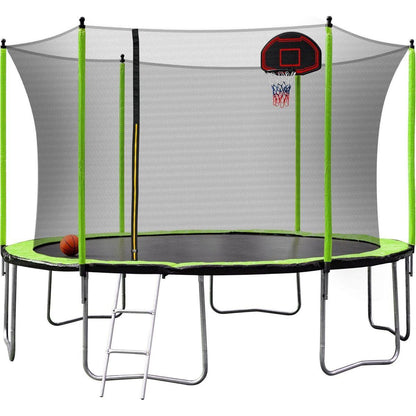 14FT Trampoline with Basketball Hoop Inflator and Ladder (Inner Safety Enclosure) Green - Streamdale Furniture