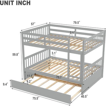 Full Over Full Bunk Bed with Trundle, Convertible to 2 Full Size Platform Bed, Full Size Bunk Bed with Ladder and Safety Rails for Kids, Teens, Adults,Grey