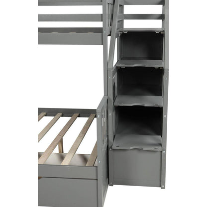 Twin over Full Bunk Bed with Drawers, Storage and Slide, Multifunction, Gray